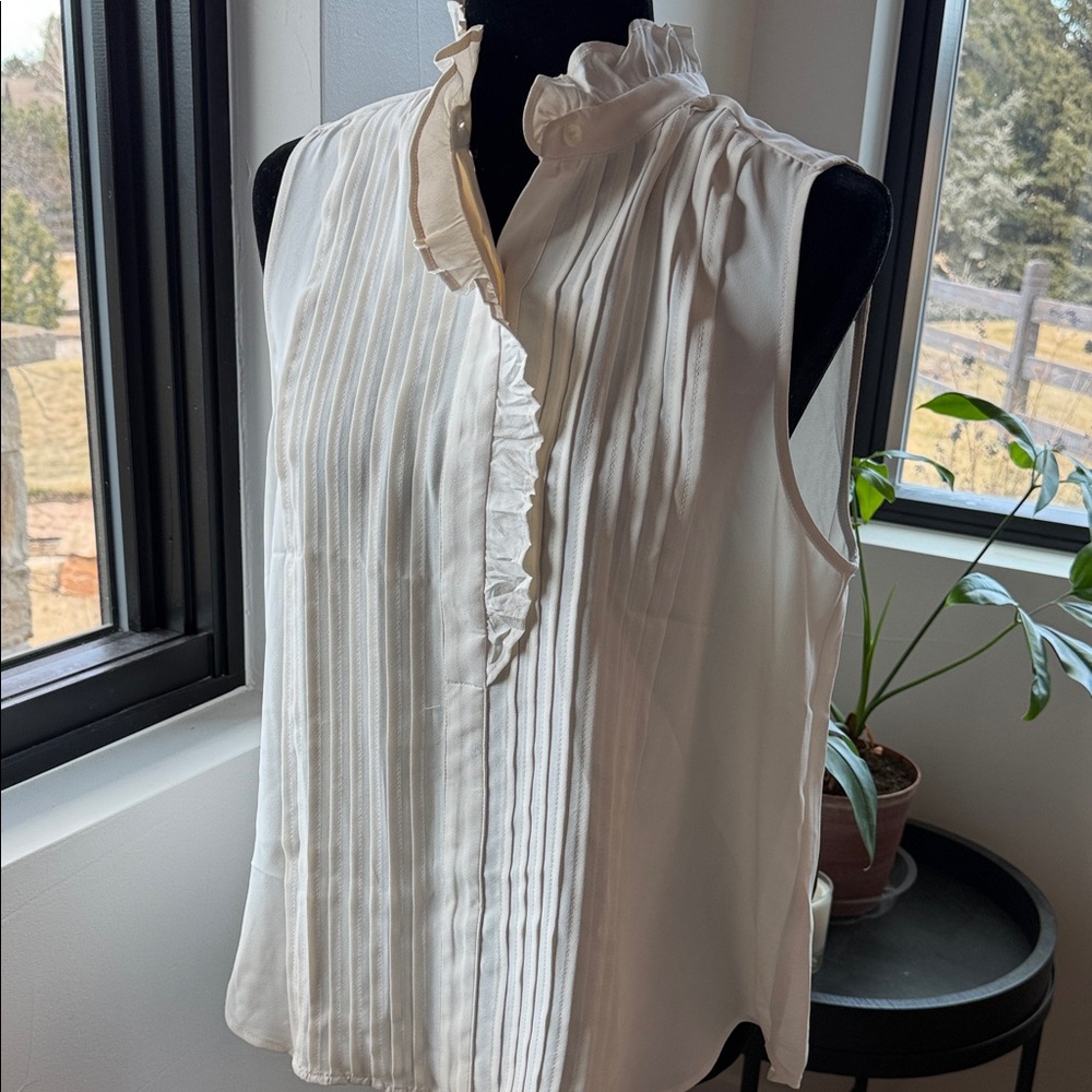 Ann Taylor White Sleeveless Ruffle Blouse